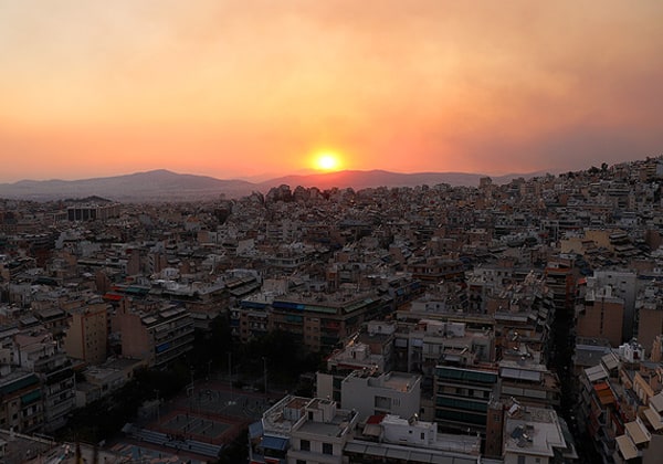 The view from our rooftop terrace in Athens. The city was enveloped by thick smoke from the surrounding forest fires.