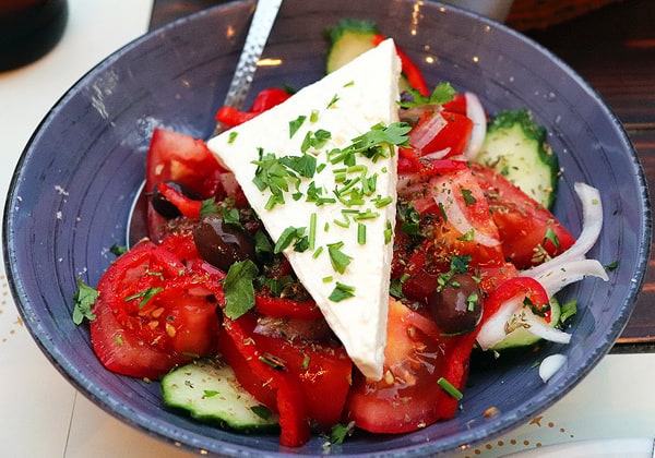 Our first delicious Greek salad in Athens.