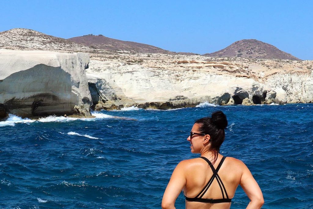 Robyn looking out over the moon landscape on Milos. It was time to reflect on the terrifying panic attack that happened earlier on the trip. 