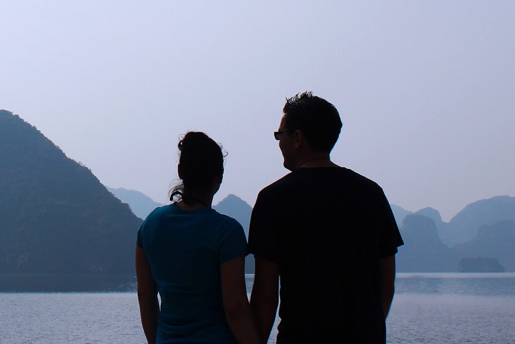 Gavin and Robyn looking out onto Halong Bay. Talking to someone and a psychologist are some of the best strategies to manage anxiety.