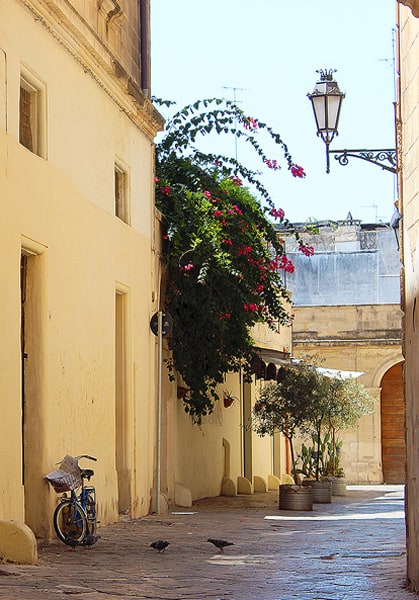 A quiet street in Lecce, with bicycle leaning against a yellow wall. There is a green bush hanging over the wall with pink flowers.