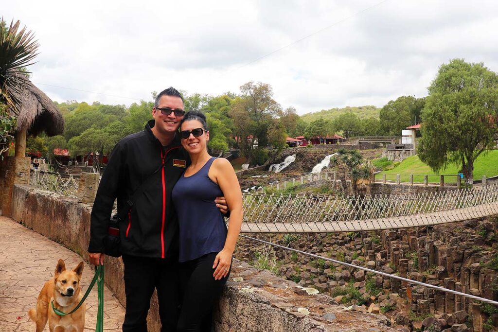 Robyn and Gavin with Leonardo standing on a path that overlooks the Basaltic Prisms. A definite must see on any trip to Huasca de Ocampo.