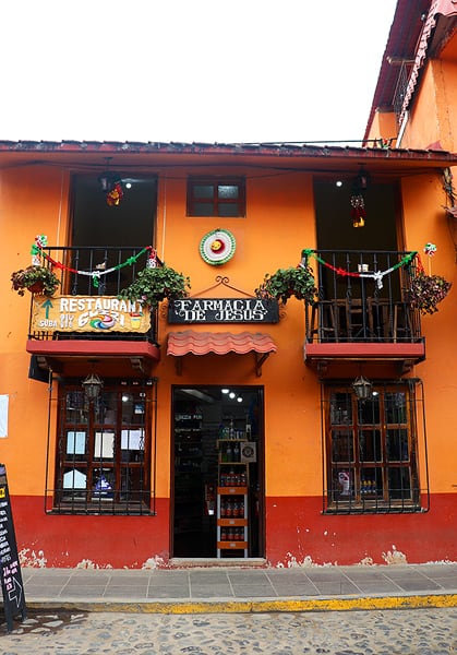 The tiny Restaurant Guzzi located above the pharmacy on the main street of Huasca de Ocampo.