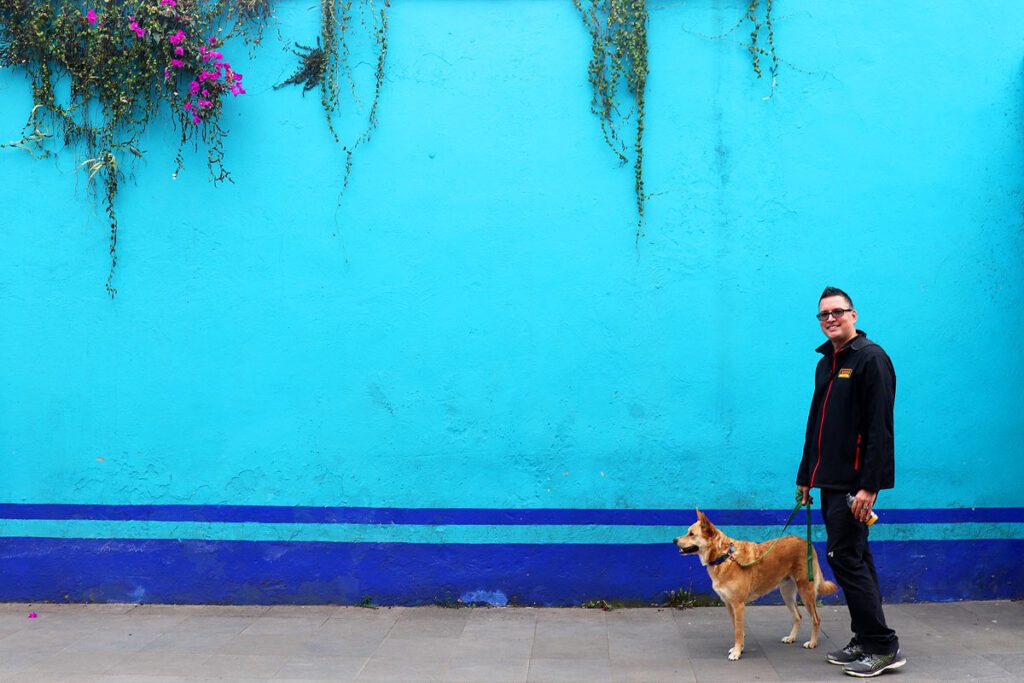Gavin and Leonardo in front of a bright, blue wall in the town, with vibrant pink flowers above.