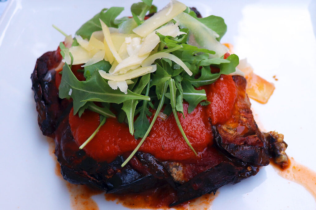 A close up of an eggplant appetizer from one of the best restaurants in Mosta.
