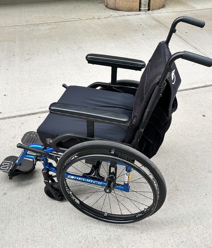 A photo of my wheelchair at the airport before checking in. Always take a photo with the date and time to prove any damage when flying with a wheelchair.