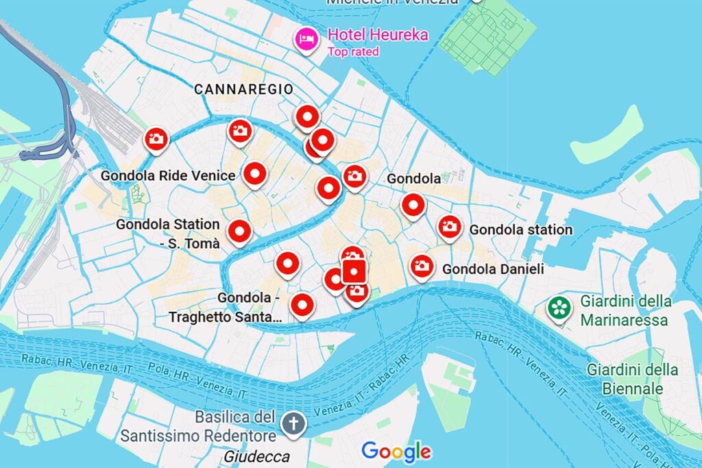 Google Map showing all the gondola stops in Venice to help you plan your accessible Venice day trip.