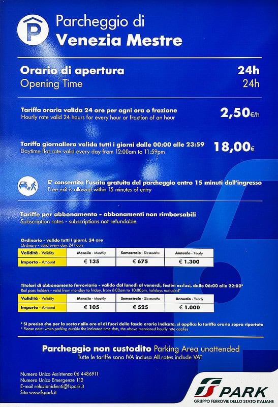The bright blue parking sign of Europa Mestre Garage just outside Venice, a cheaper option for a day trip to Venice with a car.
