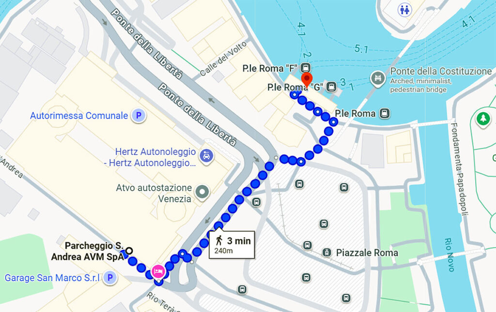 This is a Google Map showing the 3 min walking/rolling route from the San Andrea Parking Garage to the Vaporetto Station in Venice.