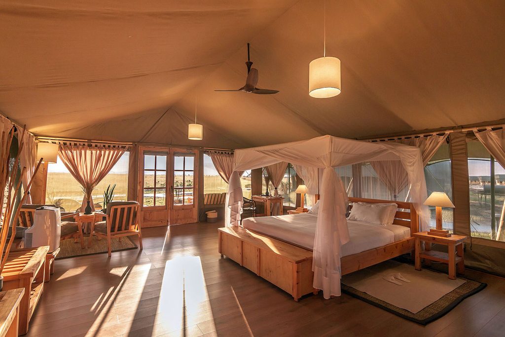 One large poster bed with white bedspread and mosquito netting tied back at Maisha Sweetwaters Camp. There is a wooden bench at the foot of the bed and a wooden dresser on the right with a small lamp. The wooden floor leads to the double wooden doors at the front where you can see the scenery.