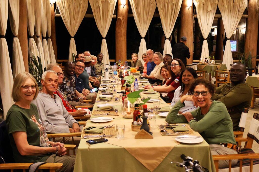 Our July 2026 Wheelchair Accessible Kenya Safari group having dinner at Kibo Safari Camp in Amboseli National Park.